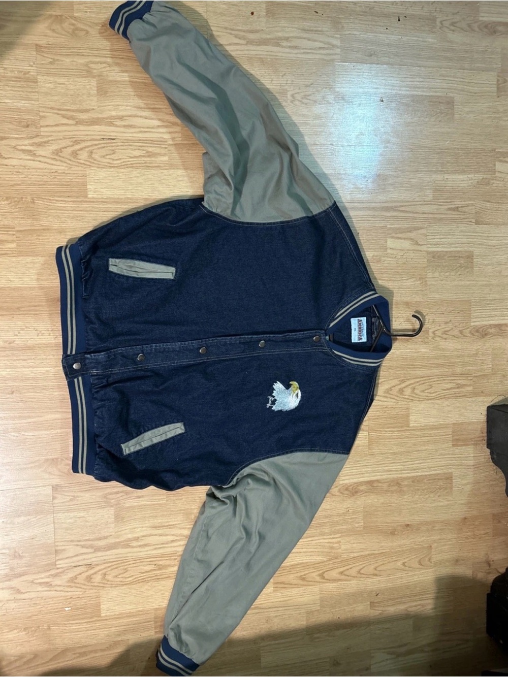 Unbranded Men's Navy and Olive Zip-Up Varsity Sweater